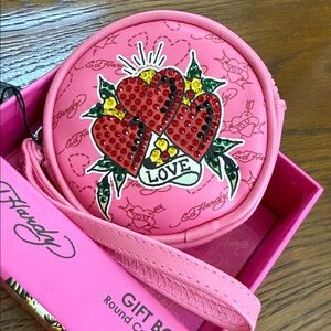 Ed Hardy Pink Heart Coin Purse Wristlet with rhinestones. Love unscripted/hearts